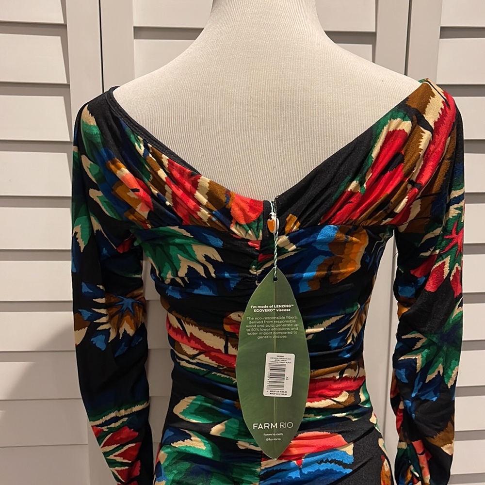 Farm Rio NWT Chevron Forest Black Jersey Dress colorful with long Sleep - Picture 9 of 12